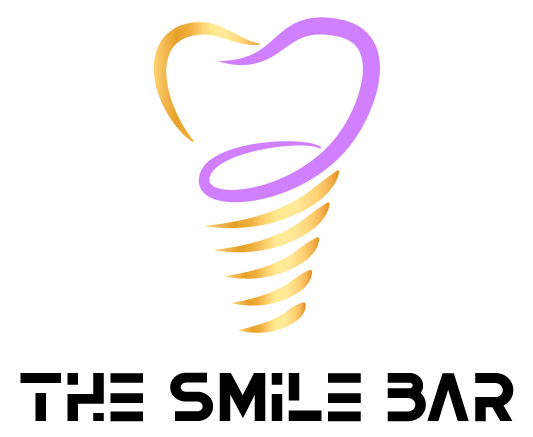 Image is a logo for The Smile Bar that resembles a heart in purple and gold.